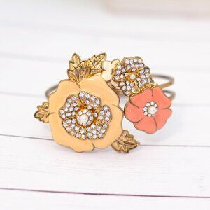 7 inch, Vintage Art Nouveau Elven Floral Rhinestones Abstract Hinge Bangle - BX9